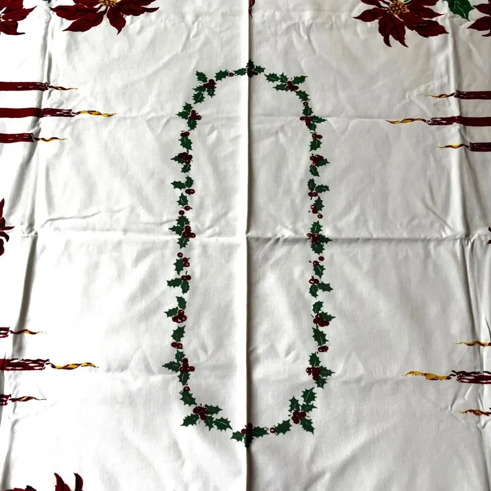 Vintage Christmas tablecloth printed cotton rectangle festive 1960's holiday